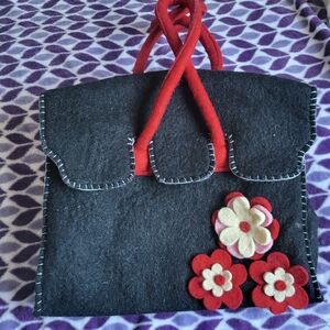 Stylish Black and Red Felt Bag with Floral Accents